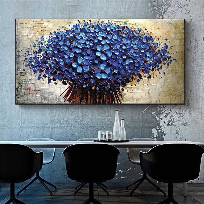 Nordic Abstract Blue Flowers Oil Painting on Canvas Wall Art Posters Prints Wall Pictures for Living Room Home Cuadros Decor - NICEART