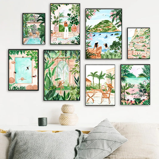 Summer Swimming Pool Party Wall Art Print Tropical Plant Travel Picture Spa Girl Canvas Painting Nodic Poster Living Room Decor - NICEART