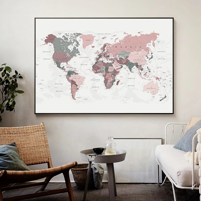 World Map Poster Print Pink Colors Wall Art Canvas Painting Big Size Wall Picture for Living Room Home Decor Cuadros No Frame - niceart