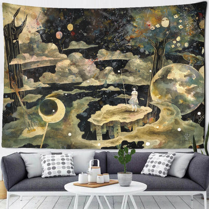 Cartoon Illustration Tapestry Wall Hanging  Psychedelic Astrology Divination Children's Room Dream