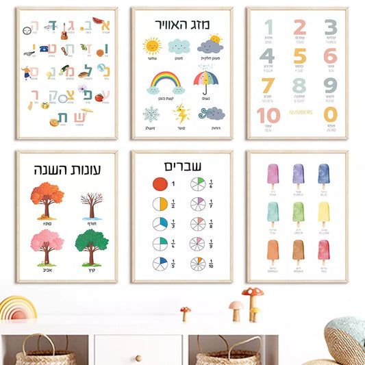 Hebrew Alphabet Number Weather Nursery Educate Wall Art Canvas Painting Nordic Posters And Prints Wall Pictures Child Room Decor - NICEART
