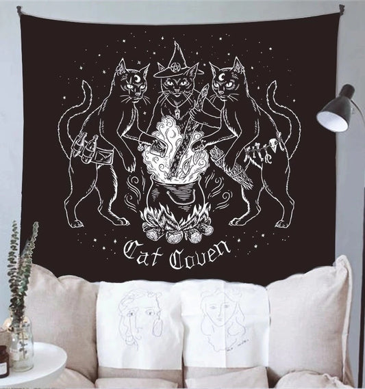 Cat Mysterious Divination Witchcraft Tapestry Wall Hanging Tapestries Baphomet Occult Home Wall Black Cool Decor Cat Coven