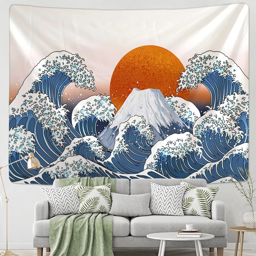 Japan Kanagawa Waves Printed Hanging Tapestry Sun Wall Hanging Tapestries Boho Bedspread Yoga Mat Blanket