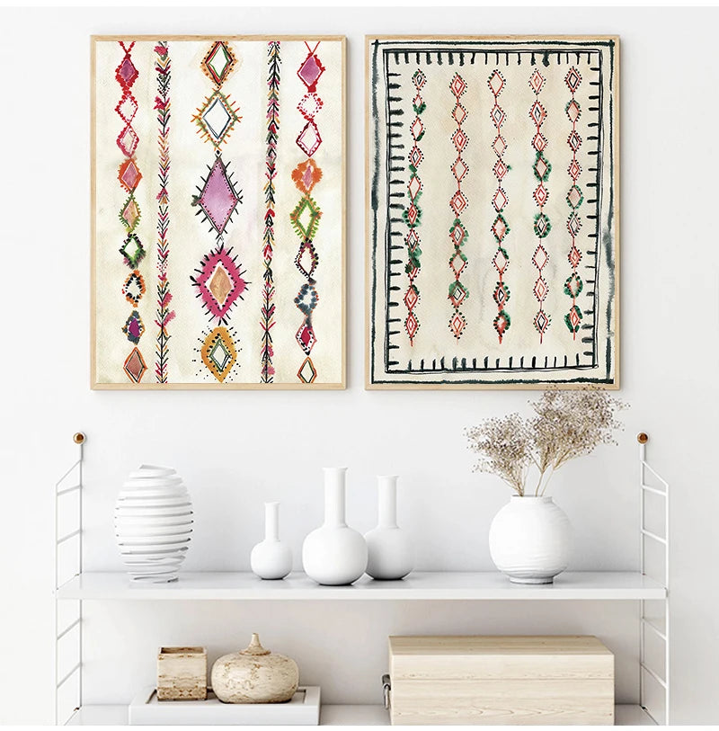 Moroccan Rug Art Painting Boho Wall Pictures , Abstract Neutral Eclectic Canvas Art Prints Home Bohemia Poster Wall Decor - NICEART