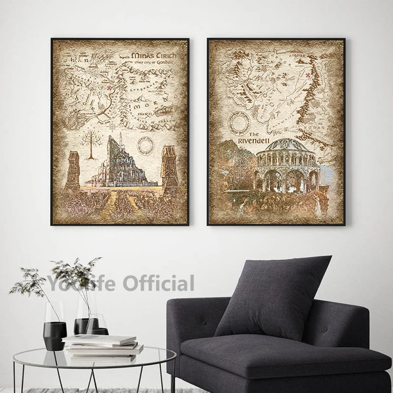 Tolkien Middle Earth Retro Travel Map Wall Art Canvas Painting Prints Fantasy Literature Movie Poster Wall Pictures Home Decor - niceart