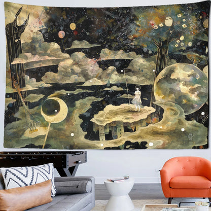 Cartoon Illustration Tapestry Wall Hanging  Psychedelic Astrology Divination Children's Room Dream