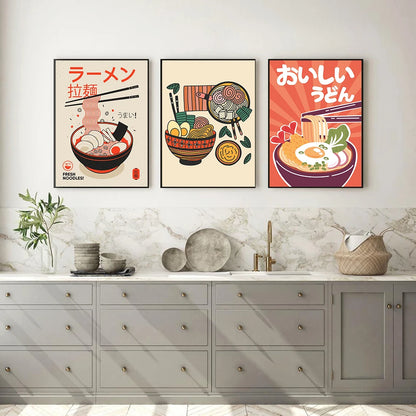 Ramen Noodles with Eggs Canvas Poster Japanese Vintage Sushi Food Painting Retro Kitchen Restaurant Wall Art Decoration Picture - NICEART