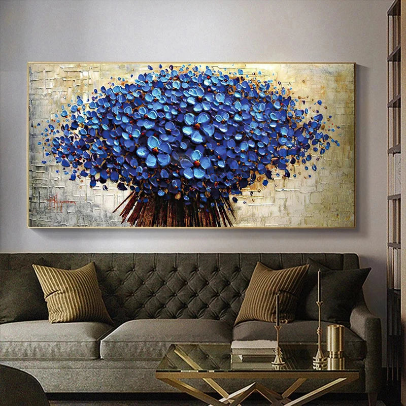 Nordic Abstract Blue Flowers Oil Painting on Canvas Wall Art Posters Prints Wall Pictures for Living Room Home Cuadros Decor - NICEART