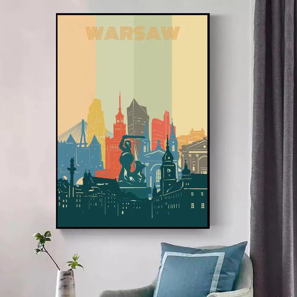 Warsaw City Retro Cityscape Canvas Wall Art Print Modern Poster Wall Pictures Living Room Decor - NICEART