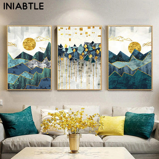 Nordic Abstract Geometric Mountain Landscape Wall Art Canvas Painting Golden Sun Poster Print Wall Picture for Living Room Decor - NICEART