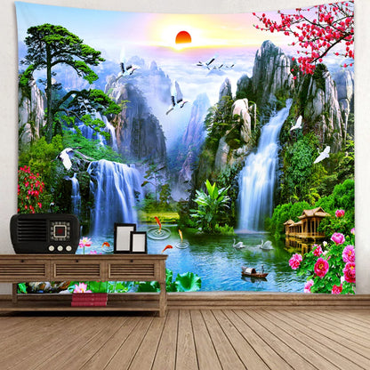 Nature Landscape Tapestry Chinese Scenery Painting Home Decor Mountain Waterfall Sunset Flower Wall Hanging Wall Decoration