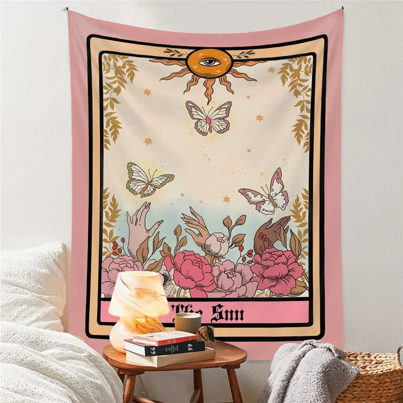 Magic Flower Butterfly Tarot Pattern Tapestry Blanket Psychedelic Witchcraft Wall Hanging Bohemia Gypsy Home Bedroom Decorating