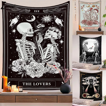 Print Skull Couple Wedding Tapestry Tarot Card Star Moon Psychedelic Divination Bohemian Wall Cloth Skeleton Rose Flower Blanket