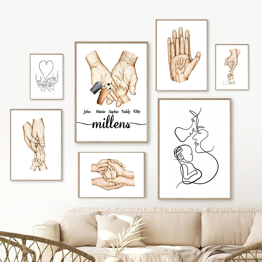 Family Hands Posters And Prints Personalized Name Birthday Gift Wall Art Line Canvas Painting Modern Children's Room Home Decor - NICEART