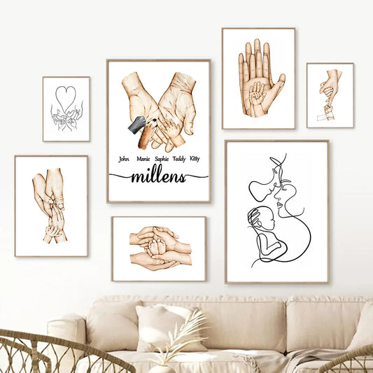 Family Hands Posters And Prints Personalized Name Birthday Gift Wall Art Line Canvas Painting Modern Children's Room Home Decor - NICEART