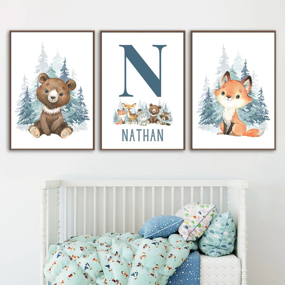 Personalized Woodland Animal Fox Bunny Nursery Wall Art Canvas Painting Nordic Posters And Prints Wall Pictures Kids Room Decor - NICEART