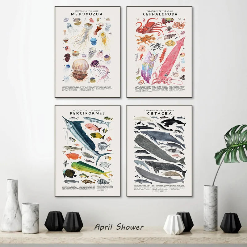 Abstract Marine Organisms Jellyfish Whale Squid Fishes Posters Canvas Painting and Prints Wall Art Picture for Room Home Decor - niceart