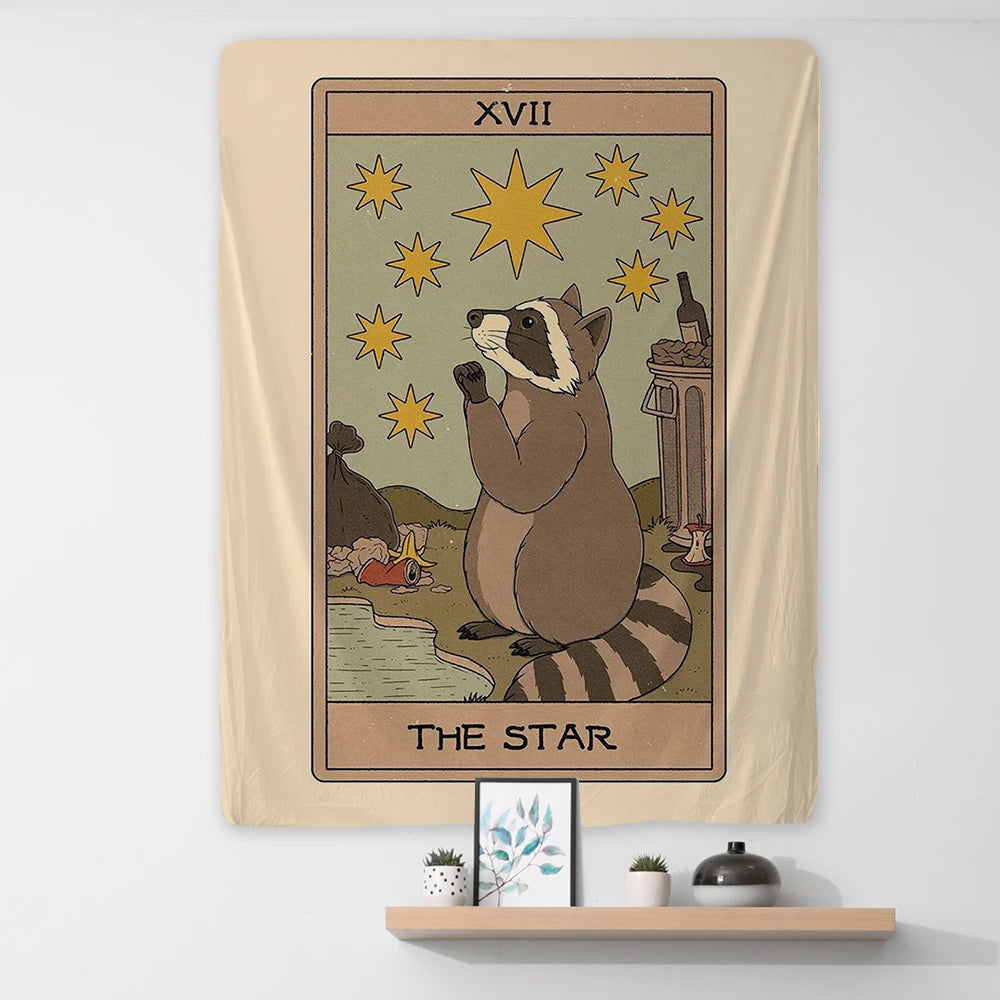 Raccoon Tarot Tapestry Phycadelic Wall Hanging Mysterious Art Wall Boho Witchcraft Hippie Kawaii Aesthetic Room Home Decor