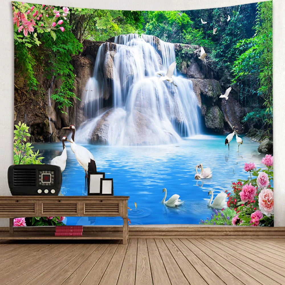 Nature Landscape Tapestry Chinese Scenery Painting Home Decor Mountain Waterfall Sunset Flower Wall Hanging Wall Decoration