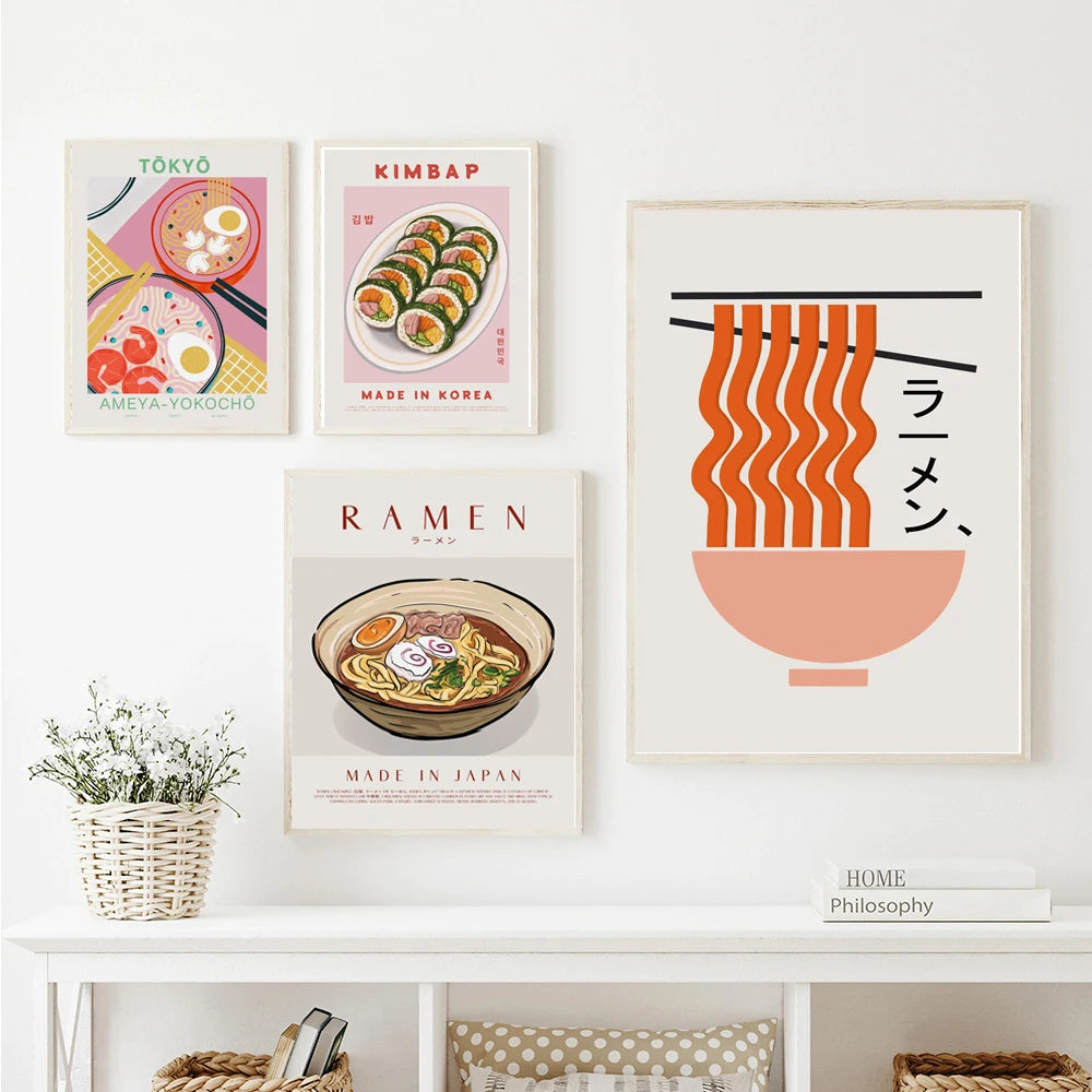 Japanese Food Wall Art Prints Funny Ramen Noodles Sushi Dumpling Poster Pink Kitchen Canvas Pictures For Living Room Home Decor - NICEART