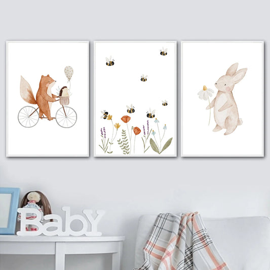 Boho Cartoon Fox Rabbit Bee Bear Hedgehog Flower Posters Art Prints Canvas Painting Wall Pictures Baby Kids Room Home Decoration - NICEART