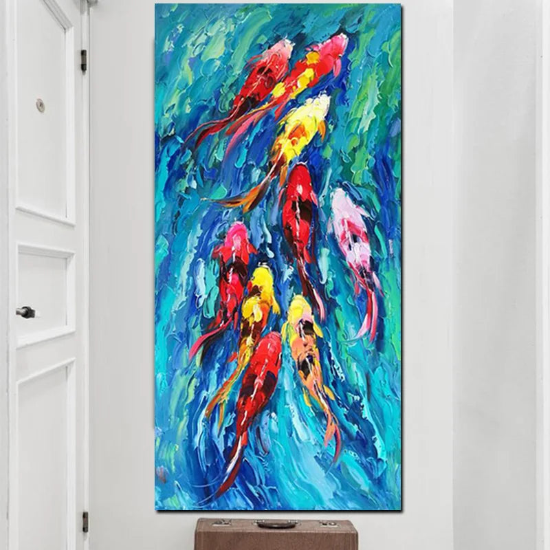 Wall Art Picture Chinese Style Abstract Nine Koi Fish Landscape Oil Painting On Canvas Print Poster For Living Room Modern Decor - NICEART