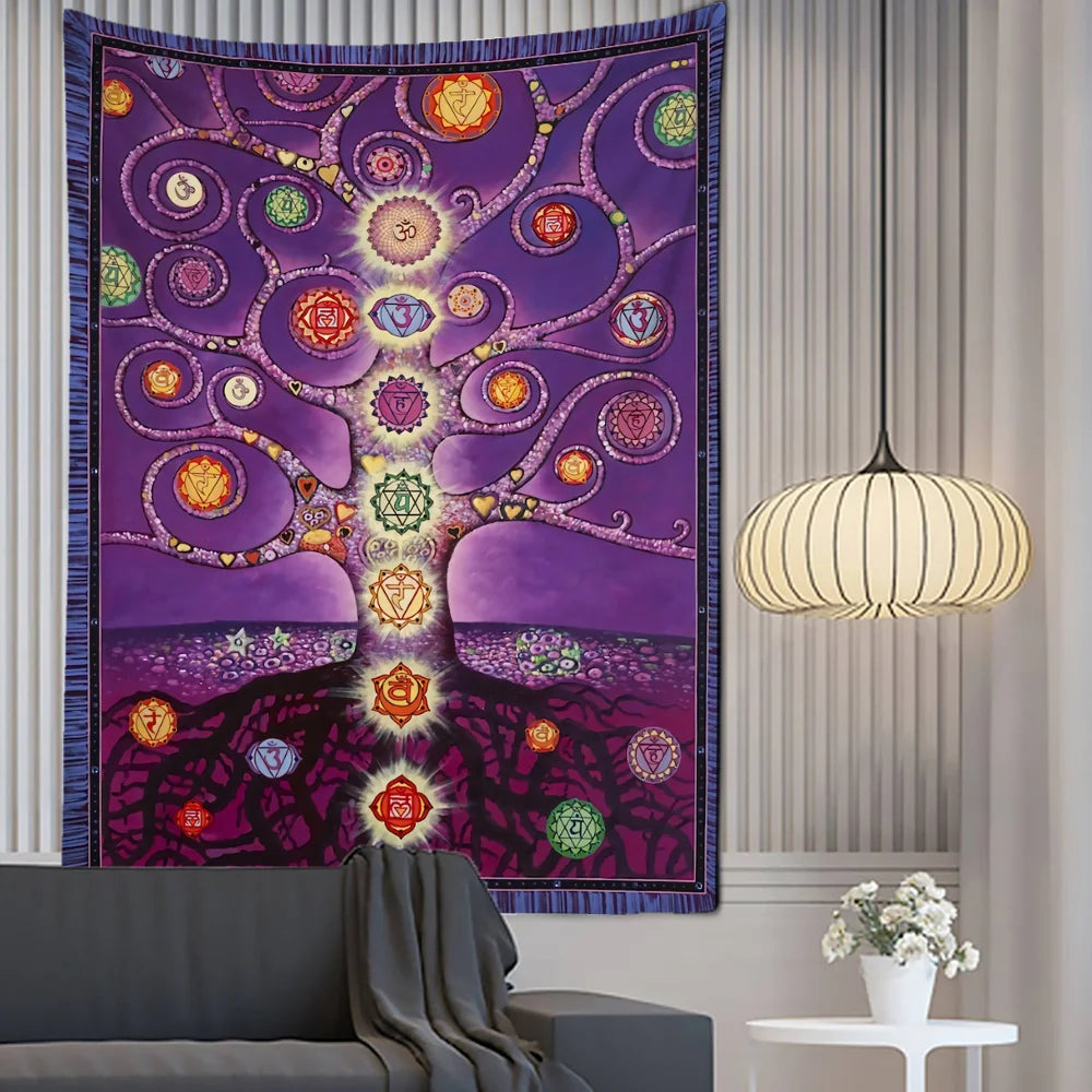 Seven Chakra Tree of Life Tapestry Fortune Tree Totem Background Tapestry Wall Hanging Bohemian Style PsychedelicTaro Home Decor - NICEART