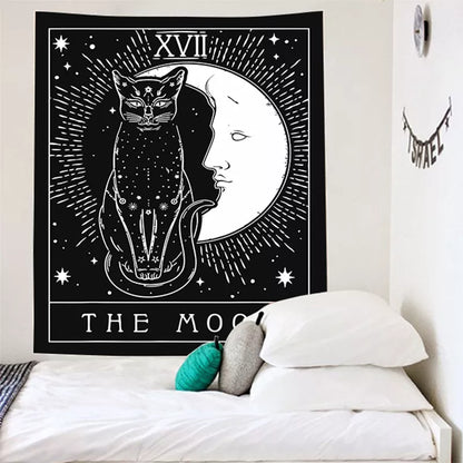 Tarot Cat on Moon Psychedelic Tapestry Wall Hanging Black White Mysterious Divination Witchcraft Tapestries Hippie Decor