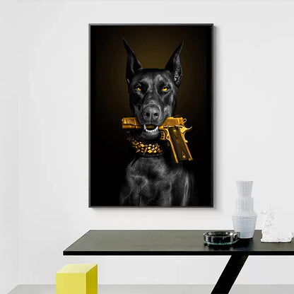 Fashion Black Doberman Dog Lion With A Pistol Poster Canvas Painting Luxury Animal Wall Art Picture For Living Room Home Decor - NICEART