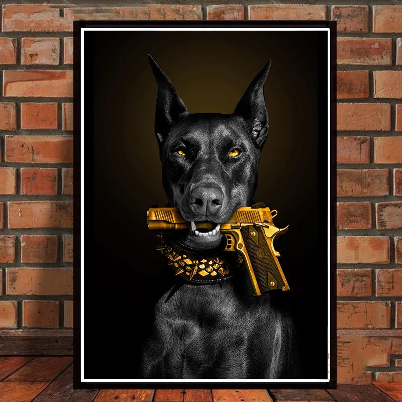 Fashion Black Doberman Dog Lion With A Pistol Poster Canvas Painting Luxury Animal Wall Art Picture For Living Room Home Decor - NICEART