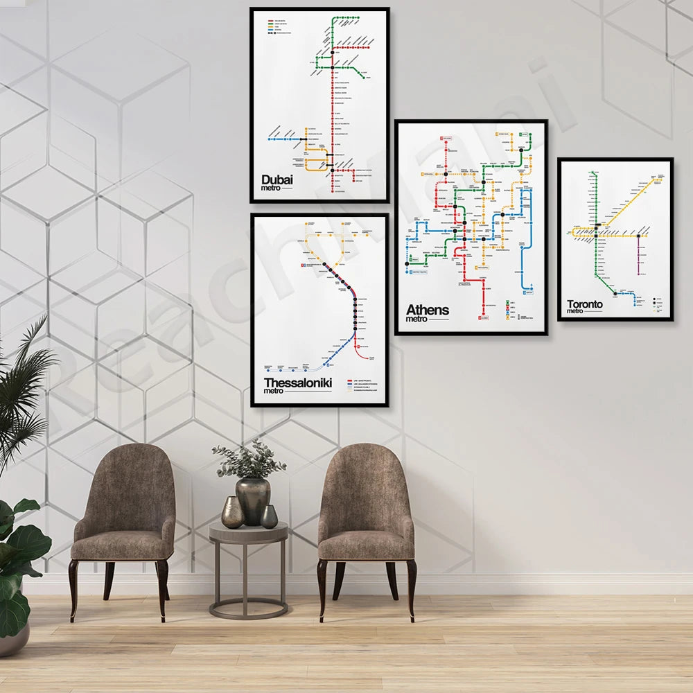 Thessaloniki Greece, Athens Metro, Montreal Metro Canada, Dubai Metro, Toronto Canada 2021 Metro Map Typographic Poster - NICEART