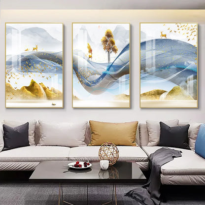 3 Pieces Nordic Luxury Ribbon Abstract Landscape Wall Art Canvas Paintings Modern Gold Deer Poster Print Picture for Home Decor - NICEART