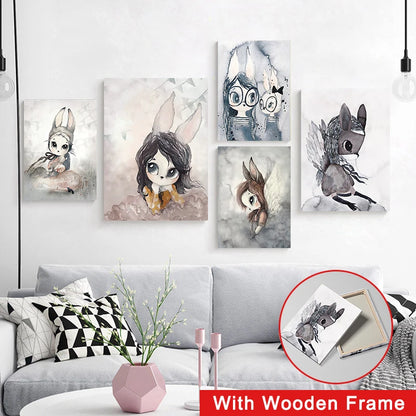 Framed Rabbit Girl Animal Abstract Canvas Painting Nordic Watercolor Print Kid Bedroom Living Room Poster Picture Home Decor - NICEART