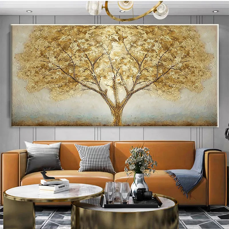 Abstract Gold Tree Oil Painting on Canvas Landscape Poster Print Modern Nordic Plant Wall Art Picture Living Room Office Decor - NICEART