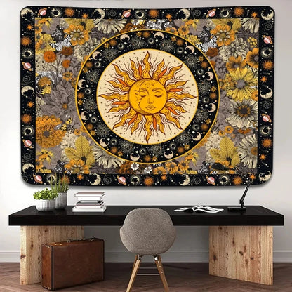 Sun Moon Tapestry Vintage Boho Tapestries Wall Hanging with Sunflowers Moth Constellation Aesthetic for Bedroom Dorm Living Room