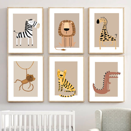 Safari Animals Lion Giraffe Zebra Tiger Monkey Poster Print Canvas Painting Nursery Wall Art Picture Nordic Kids Bedroom Decor - NICEART