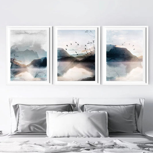 Modern Abstract Blue Watercolour Landscape Mountain Wall Art Canvas Painting Nordic Poster Print Wall Picture Living Room Decor - NICEART