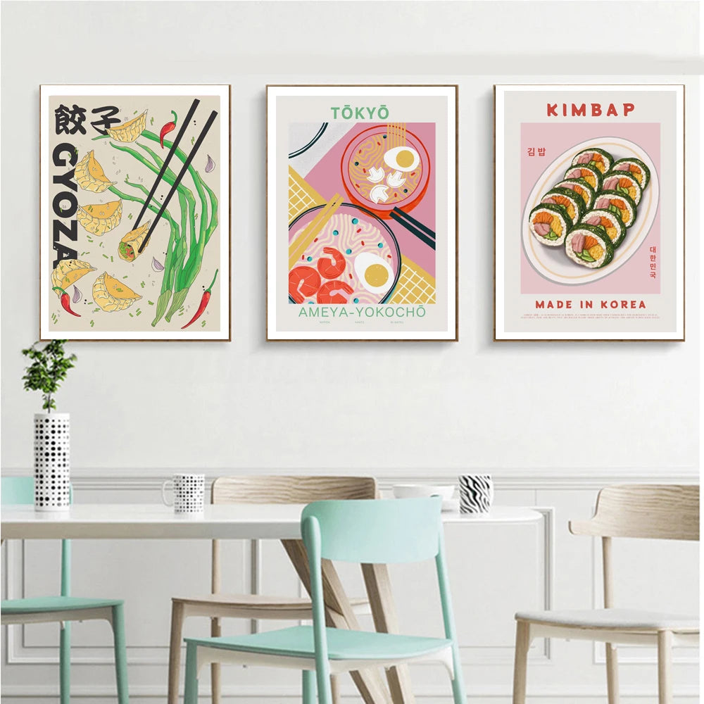 Japanese Food Wall Art Prints Funny Ramen Noodles Sushi Dumpling Poster Pink Kitchen Canvas Pictures For Living Room Home Decor - NICEART