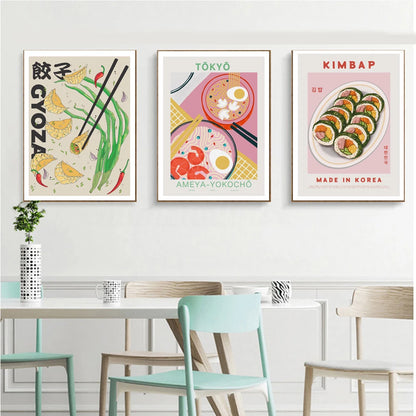 Japanese Food Wall Art Prints Funny Ramen Noodles Sushi Dumpling Poster Pink Kitchen Canvas Pictures For Living Room Home Decor - NICEART