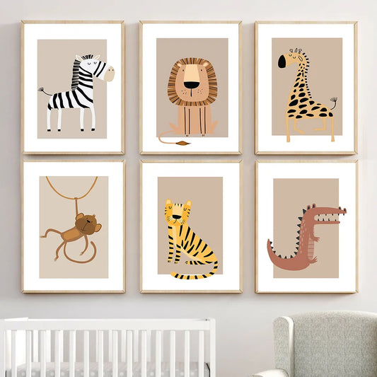 Safari Animals Lion Giraffe Zebra Tiger Monkey Poster Print Canvas Painting Nursery Wall Art Picture Nordic Kids Bedroom Decor - niceart