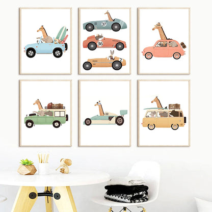 Giraffe Elephant Bear Animal Car Travel Nursery Wall Art Canvas Painting Nordic Posters And Prints Wall Pictures Kids Room Decor - niceart