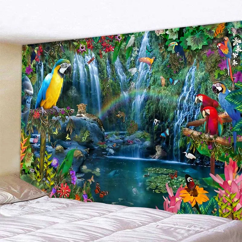 Jungle birdsong Floral Art Deco tapestry psychedelic scene wall hanging Bohemian aesthetic room bedroom home decor