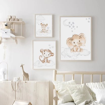 Cartoon Lion Elephant African Animals Clouds Nursery Poster Print Canvas Painting Beige Wall Art Picture Baby Bedroom Home Decor - NICEART