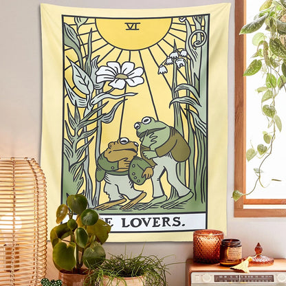 Psychedelic Frog Tarot Tapestry Wall Hanging the lovers sun flower Aesthetic Tapestries Botanical Hippie Home Decor Wall Cloth