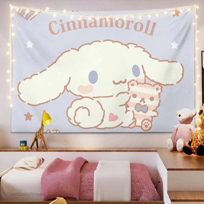 Kawaii Sanrio Hello Kitty Tapestry My Melody Cinnamoroll Kuromi Cartoon Cute Textile Wall Covering Cute Girl Living Room Decor