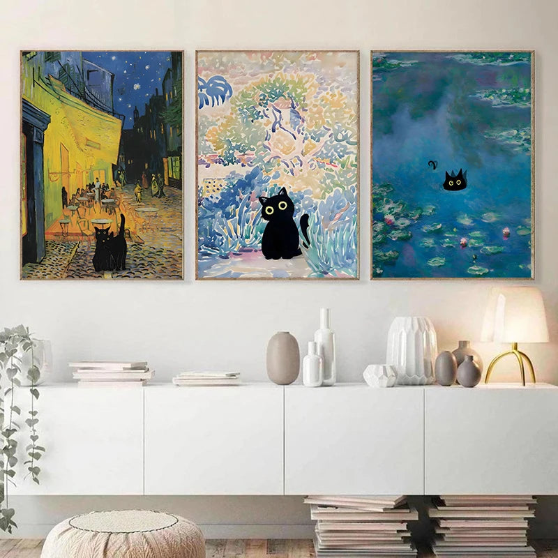 Famous Paintings Mona Lisa Starry Night With Funny Black Cat Poster Canvas Painting Sunflower Reproduction Wall Art Home Decor - niceart