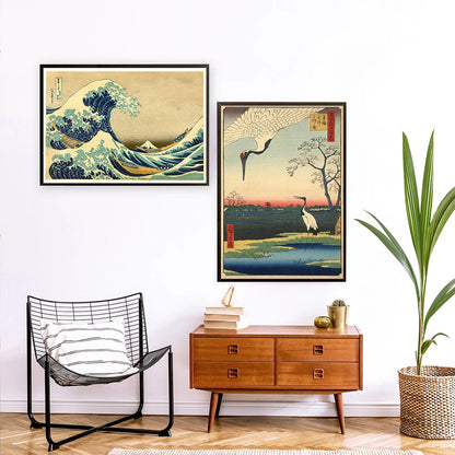 Japanese Landscape Poster Moonlit Night Mt Fuji Canvas Painting Huge Waves Art Print Asian Crane Wall Picture Living Room Decor - niceart