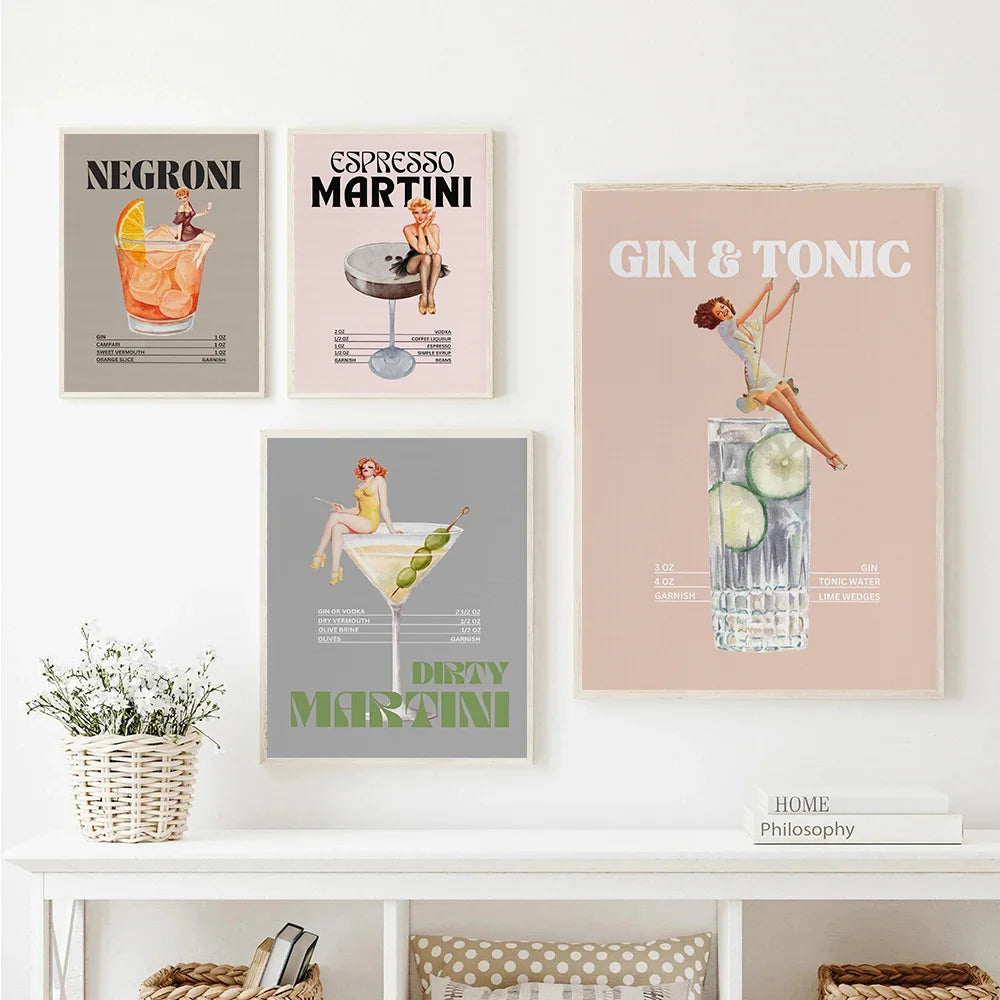 Retro Drink Cocktail With Cowgirl Poster Whiskey Gin And Tonic Mojito Canvas Painting Wall Art Pictures Home Bar Decor Gift - NICEART