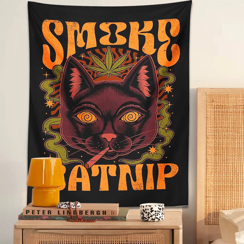 Smoke Catnip Tapestry Wall Hanging retro tarot cat smoke leaf Mysterious Divination Witchcraft Black Cool home dorm room Decor - NICEART