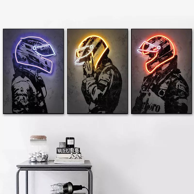 Abstract Ayrton Senna Neon Helmet Wall Art Canvas Painting Motorcycle Racing Posters and Prints Sport Picture for Home Bar Decor - niceart